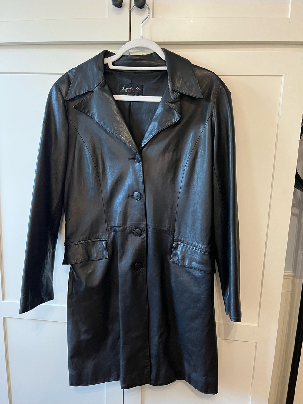 Agnes B. Black Leather Longline Button Jacket